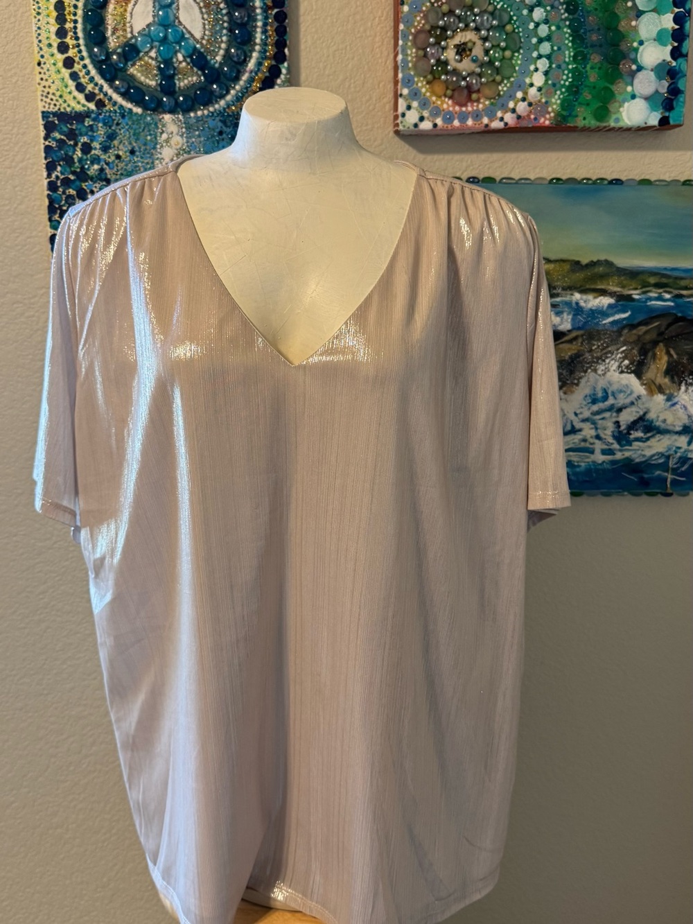 Perseption Shimmery Pale Blush V-Neck Short Sleeve Top